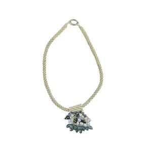 Handmade Cream Gold Chain Bead Necklace with Blue Lampwork, Crystal Bead Pendant